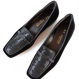 St. John Women Black velvet Sequin Slip-On Loafers